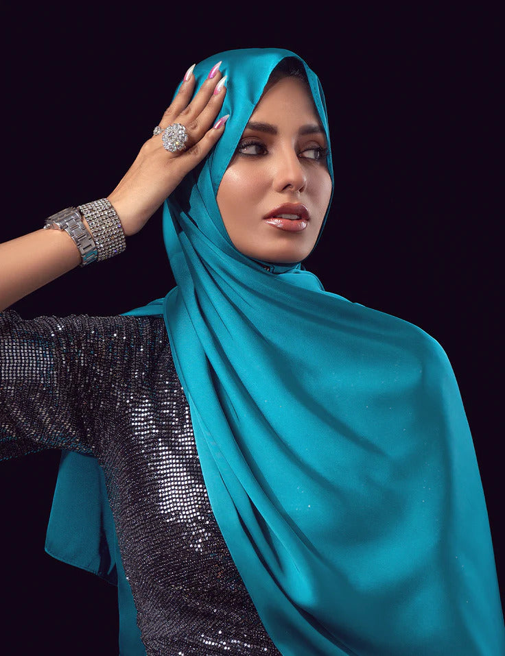 Stain Silk Hijab/Stoler - Teal Blue