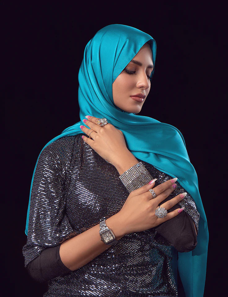 Stain Silk Hijab/Stoler - Teal Blue